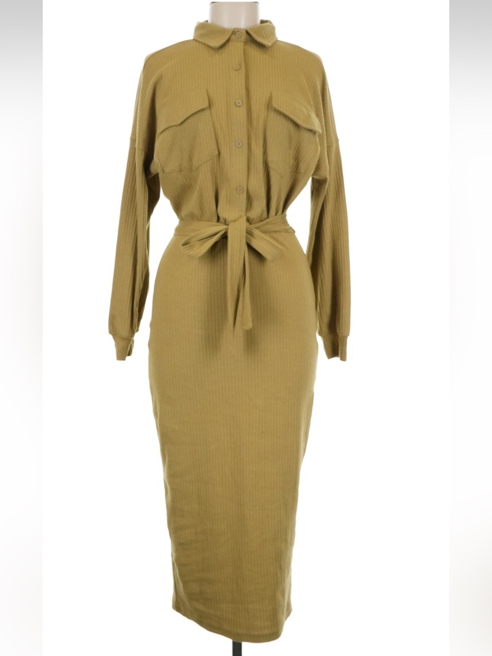 Missguided Mustard/Tan Ribbed Collared Utility Midi Dress Size 8